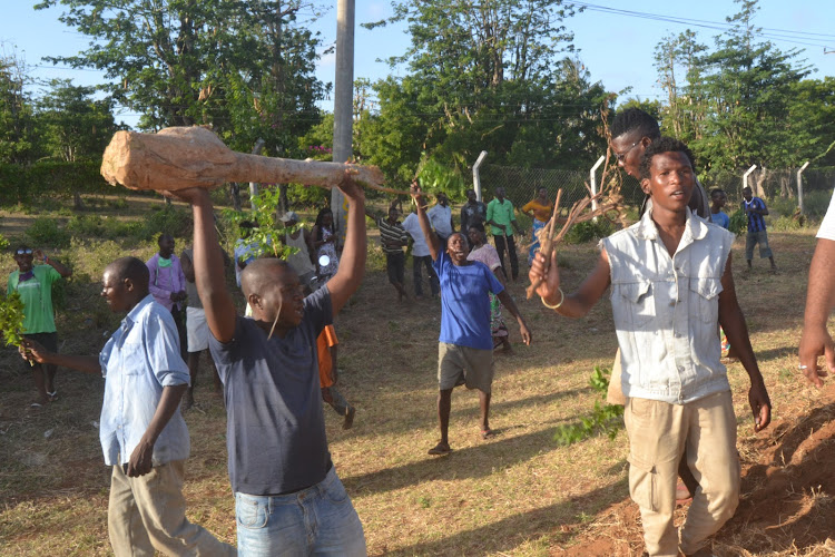 Residents of Msabaha area in Malindi subcounty demonstrate after an Indian tycoon evicted them from a 74-acre parcel of land