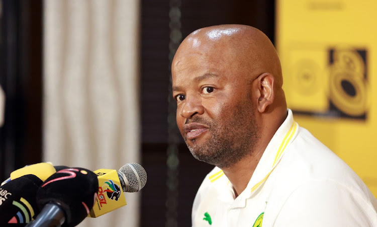 Mamelodi Sundowns coach Manqoba Mngqithi during a press conference at PSL headquarters in Johannesburg. Photo Veli Nhlapo