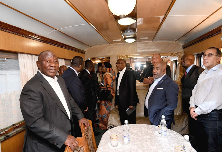 African Heads of State and Government, including South Africa's President Cyril Ramaphosa, participating in the African Leaders Peace Mission, hold a consultation while en route from Warsaw to Kyiv by train, 15 June 2023