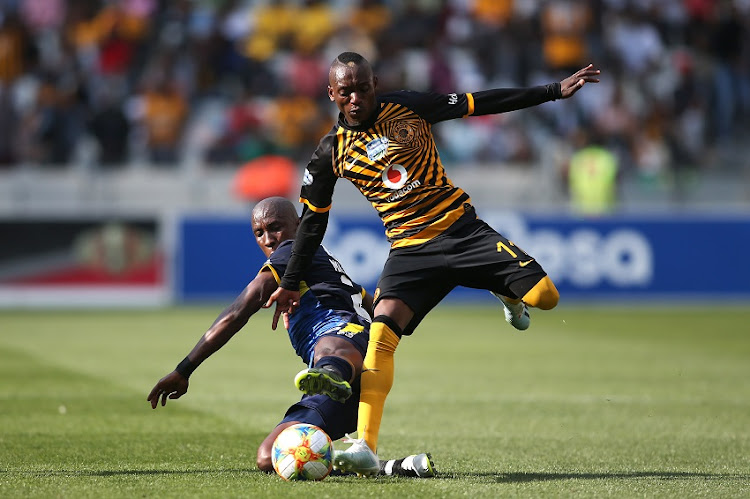 Mark Mayambela of Cape Town City and Khama Billiat of Kaizer Chiefs challenge for possession during the Telkom Knockout 2019, Last 16 match between Cape Town City FC and Kaizer Chiefs at Cape Town Stadium on October 19, 2019 in Cape Town, South Africa.