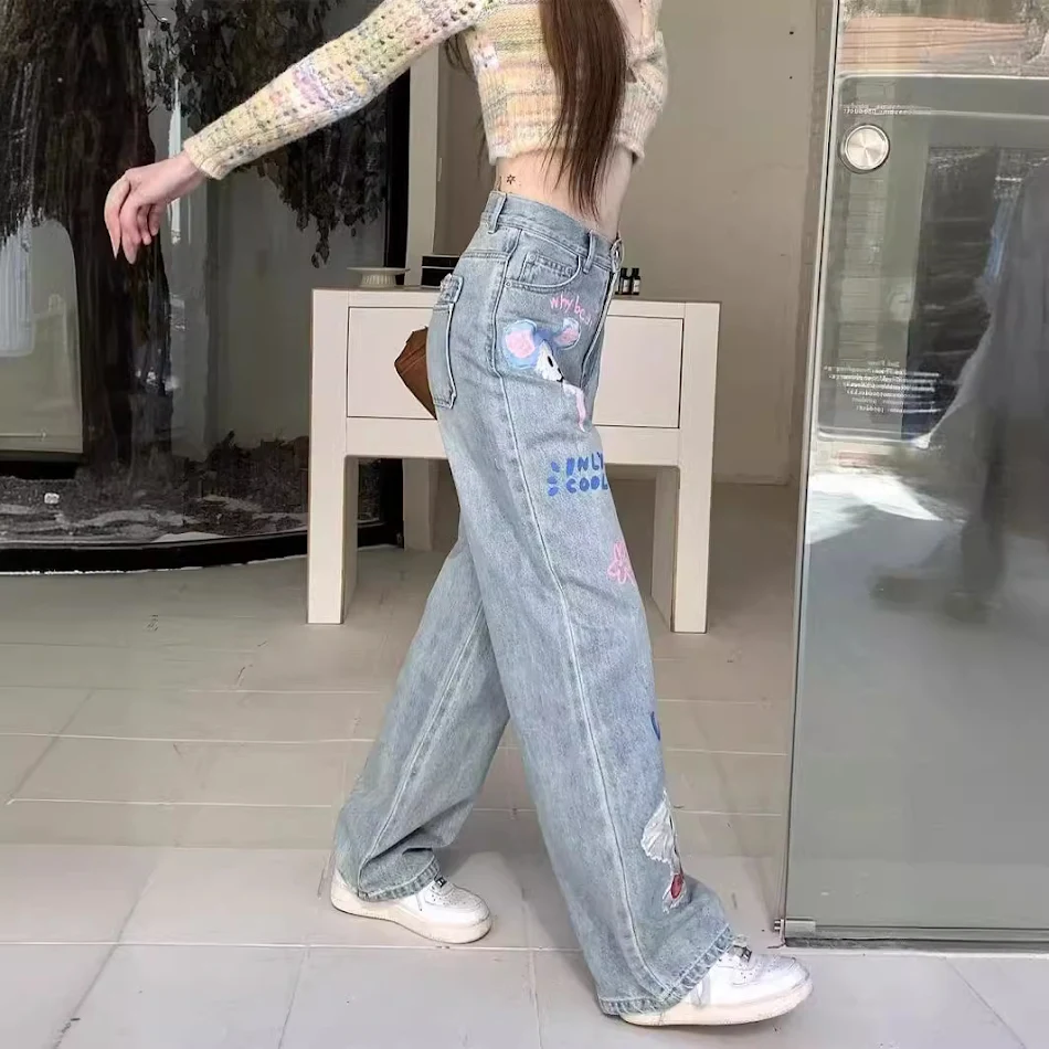 Jean femme imprimé graffiti, taille haute, coupe droite ample, jambe large