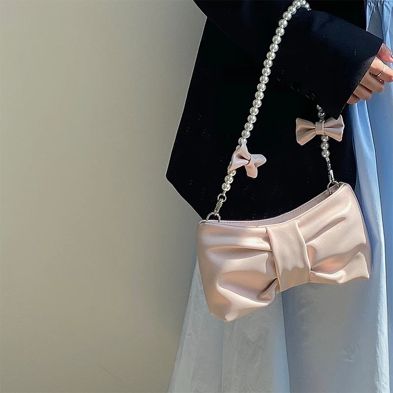 Bolsa de ombro feminina com laço de pérolas, bolsa mensageiro doce. Charmosa e elegante, ideal para um toque de doçura e estilo em seu visual.