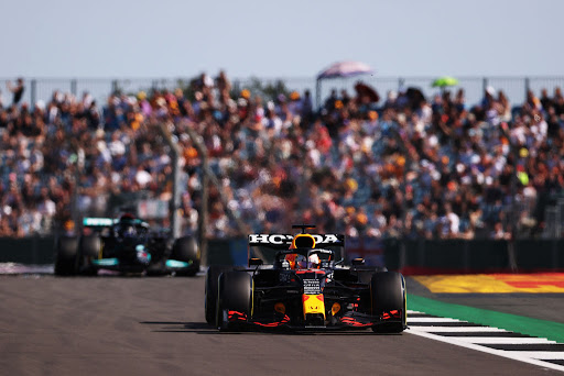 Max Verstappen leads Lewis Hamilton during the Sprint for the F1 Grand Prix of Great Britain at Silverstone on July 17, 2021 in Northampton, England.