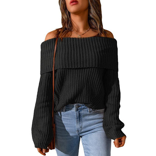 Title 3, Womens One-shoulder Solid Color Loose Sweater