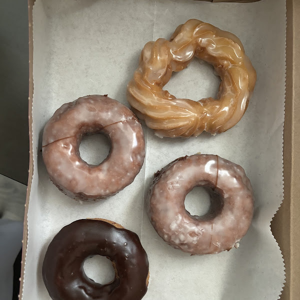 Cruller, glazed, chocolate mochi donuts. All delicious!