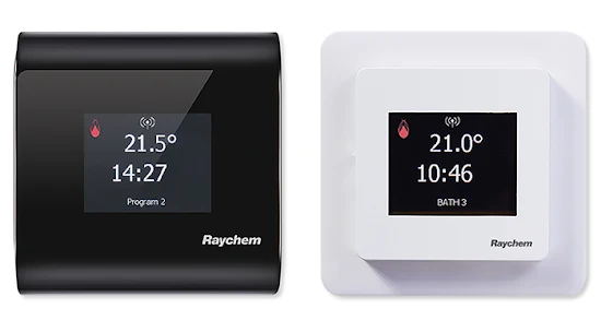 Raychem SENZ WIFI touch och swipe golvvrmetermostat frn Elbutik.se, visad i bde svart och vit design. Denna smarta termostat med kapacitiv touchskrm och WIFI-funktion mjliggr fjrrstyrning via iOS- eller Android-app. 