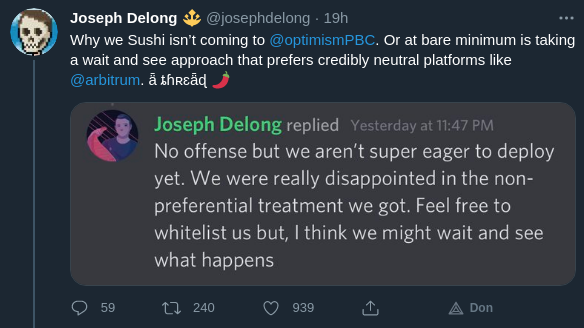 Publication Twitter de Joseph Delong,  CTO de SushiSwap, expliquant pourquoi SushiSwap n'est pas intéressé par Optimism