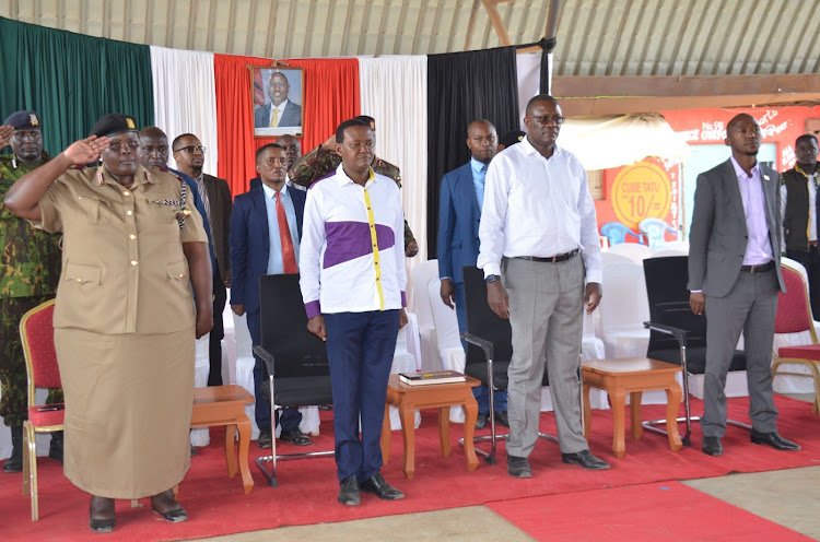 Machakos County Commissioner Josephine Ouko, Foreign Affairs CS Alfred Mutua, his ICT counterpart Eliud Owalo and Mwala MP Vincent Musyoka during the Free public WIFI hotspot launch at Masii market in Mwala, Machakos County on August 31, 2023.