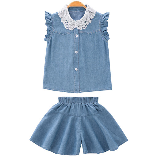 Title 2, Girls summer denim suit with lace collar. A st...