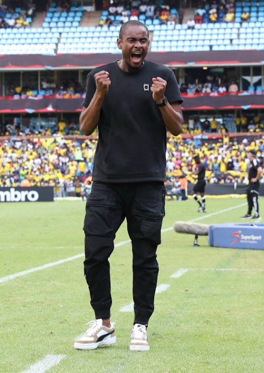 Mamelodi Sundowns' Rulani Mokwena celebrating during their 5-2 win over Al Ahly at Loftus Stadium, Pretoria, South Africa on 11 March 2023.