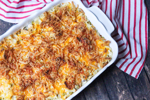 Tuna Noodle Casserole With Cream Cheese in a baking dish.