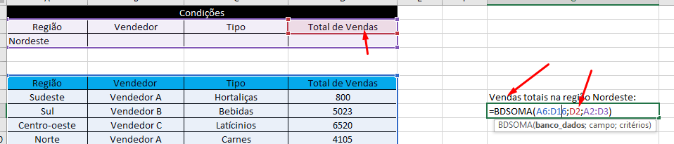 Inserindo parâmetros na função BDSOMA