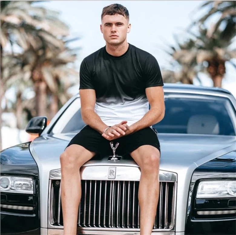 Cross-Border Ebay New Sports Quick-Drying Men's Short-Sleeved Stretch Fitness Crazy Muscle Leisure Sports Gradient Top