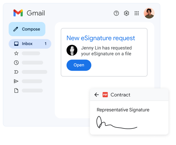 Stylized UI shows a pop up for an eSignature that’s been requested.
