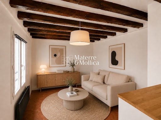 Buy this luxury property in Paris 6ème (75006) - living room with exposed beams and beige sofa