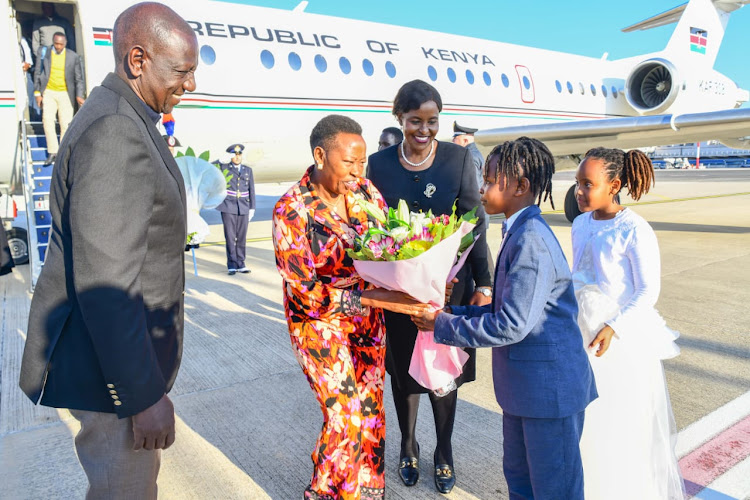 First Lady Rachel Ruto receives flowers after arriving in Rome on January 28, 2024