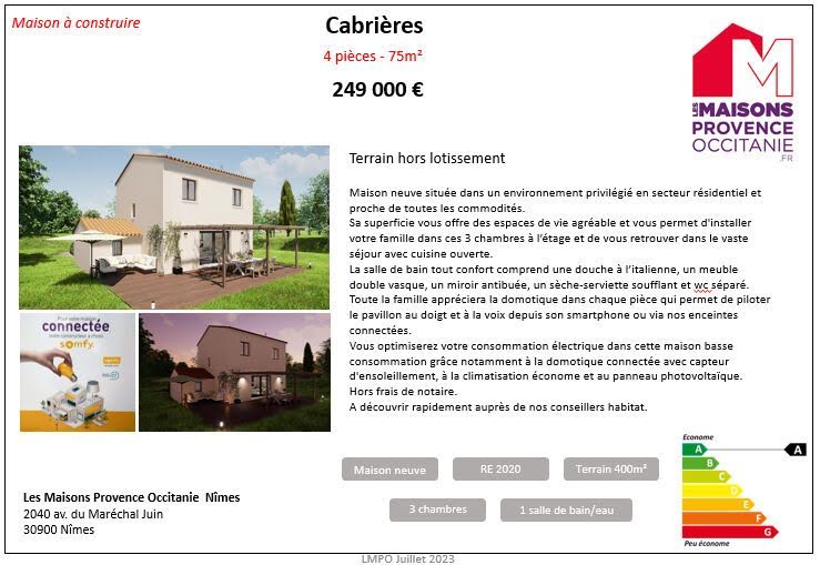 Vente villa 4 pièces 75 m² à Cabrieres (30210), 261 000 €