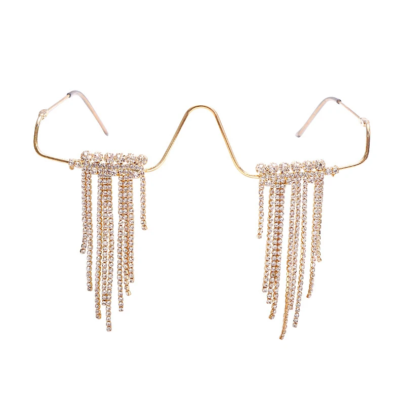 Frameless metalen bril met lange franjes en diamant-pendel. Stijlvolle brillen voor helder zicht en een modieuze uitstraling.
