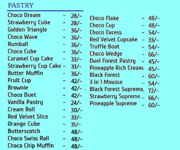 AB Confectioners menu 