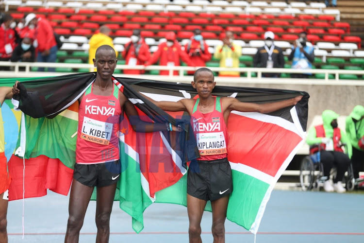 Benson Kiplangat and Levy kibet celebrate their win in the 5000m men's race at the world Athletics U20 championships being held at the Moi International Stadium Kasarani on August 19, 2021.