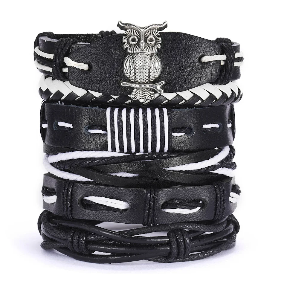 Nova Pulseira Conjunto de Couro Masculina Yiwu, Pulseira Ajustável com Contas de Madeira, Design Criativo de Folhas
