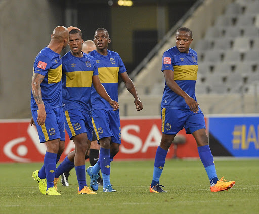 Cape Town City FC players celebrate the goal during the Absa Premiership match against Bidvest Wits at Cape Town Stadium on April 19, 2017 in Cape Town, South Africa. The match ended 1-1.