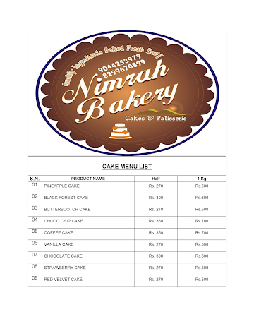 Nimrah Bakery menu 
