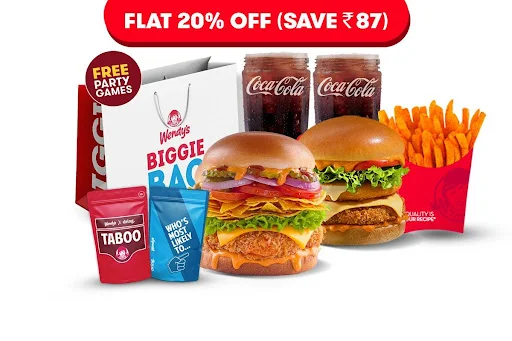 Flat 20% Off On 2 Premium Veg Burgers + Fries + 2 Beverages