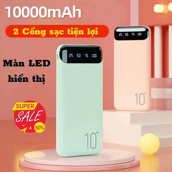 [Mới 2022] Sạc Dự Phòng, Pin Sạc Dự Phòng Tích Hợp Màn Hình Led Hỗ Trợ 2 Cổng Sạc Dung Lượng 10000Mah