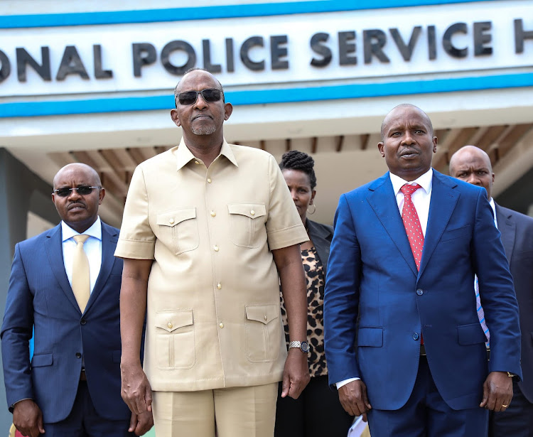 Defence CS Aden Duale and Interior CS Kithure Kindiki making a speech during the handover of the National Police Service Level 4 Hospital along Mbagathi Way on May 17, 2024.