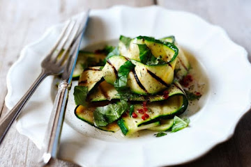 Grilled courgette salad with basil, mint, chilli and lemon