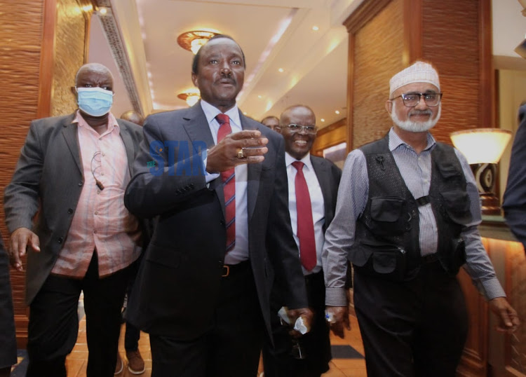 Wiper boss Kalonzo Musyoka arrives for the Azimio running mate interviews at Serena Hotel on May 10, 2022.