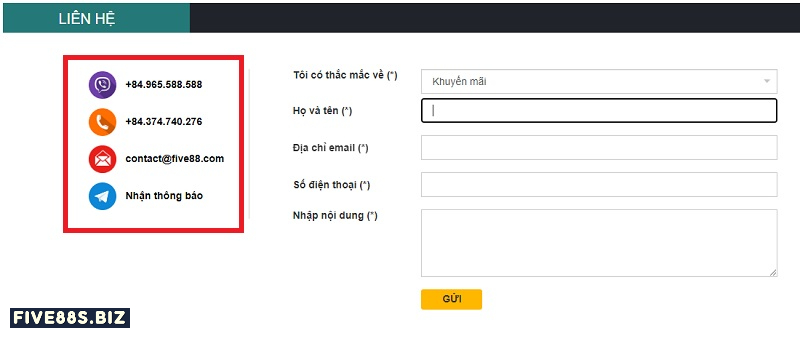 Đa dạng cách thức liên hệ Five88 2023