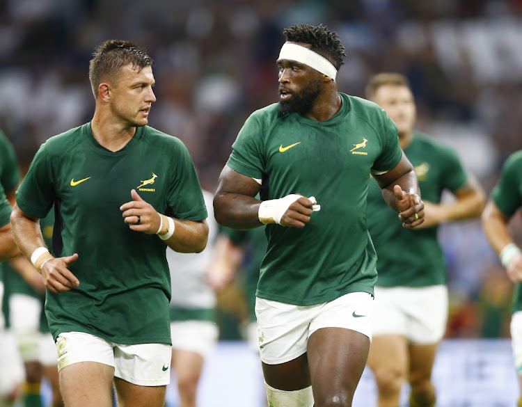 SA flyhalf Handre Pollard and captain Siya Kolisi ahead of the Rugby World Cup pool B match against Tonga at Stade Velodrome on Sunday, in Marseille. Picture: STEVE HAAG/GALLO IMAGES