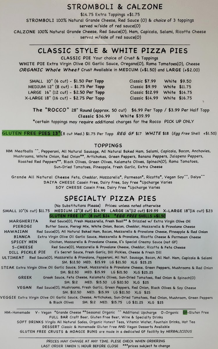 Menu including GF (in green) as of Oct 29, 2022.