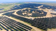 Panda-shaped solar plants built by Panda Green Energy Group in Datong, Shanxi province, China, seen from the air.