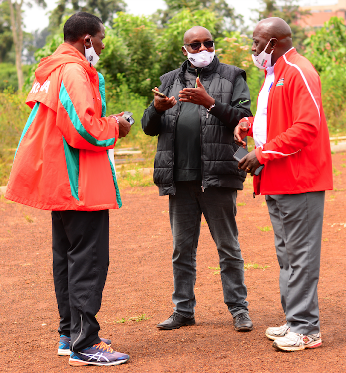 Embu High Altitude Training Centre co-ordinator Stephen Njeru (L), AK Youth Development chairman Barnaba Korir and AK Eastern region chairman Ainsworth Maragara at University of Embu on June 20.