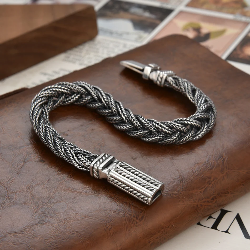 Bracelet homme en argent sterling motif sécurité queue de renard tressée. Élégant bracelet tissé, durable, sécurisé et de haute qualité, cadeau parfait.
