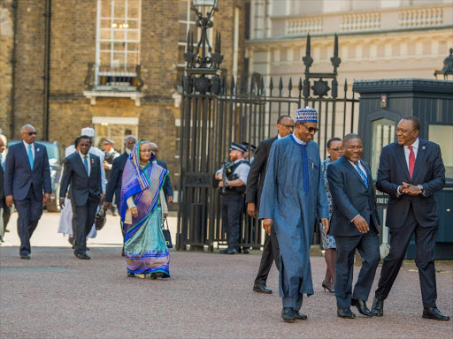 President Uhuru Kenyatta with President Muhammadu Buhari of Nigeria and President Filipe Nyusi of Mozambique arriving at St. James's Palace for the official welcome of Commonwealth Heads of Government Meeting in London. PSCU