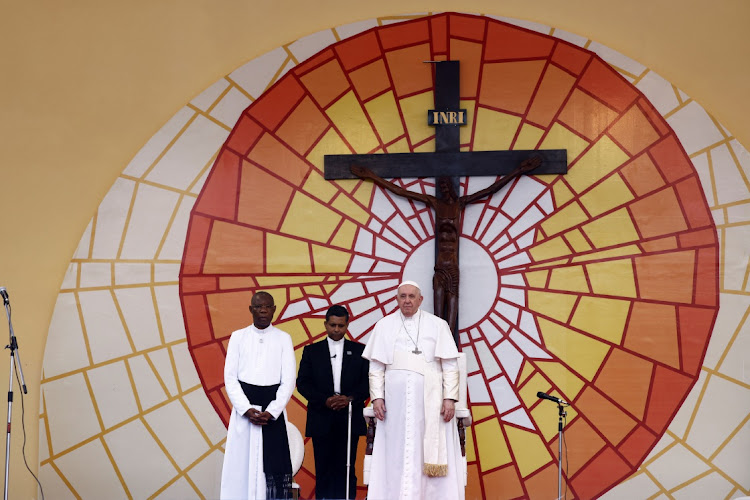 Pope Francis attends a meeting with young people and catechists at the Stade des Martyrs during his apostolic journey, in Kinshasa, Democratic Republic of Congo.