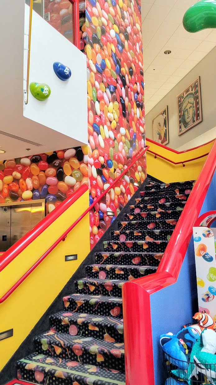 Jelly Belly Factory Tour in Fairfield, California- stairway leading to factory tour area