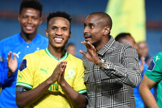 Mamelodi Sundowns player Themba Zwane and coach Rulani Mokwena during the DStv Premiership match against Cape Town City FC at Loftus Versfeld Stadium in Pretoria on April 4 2023.