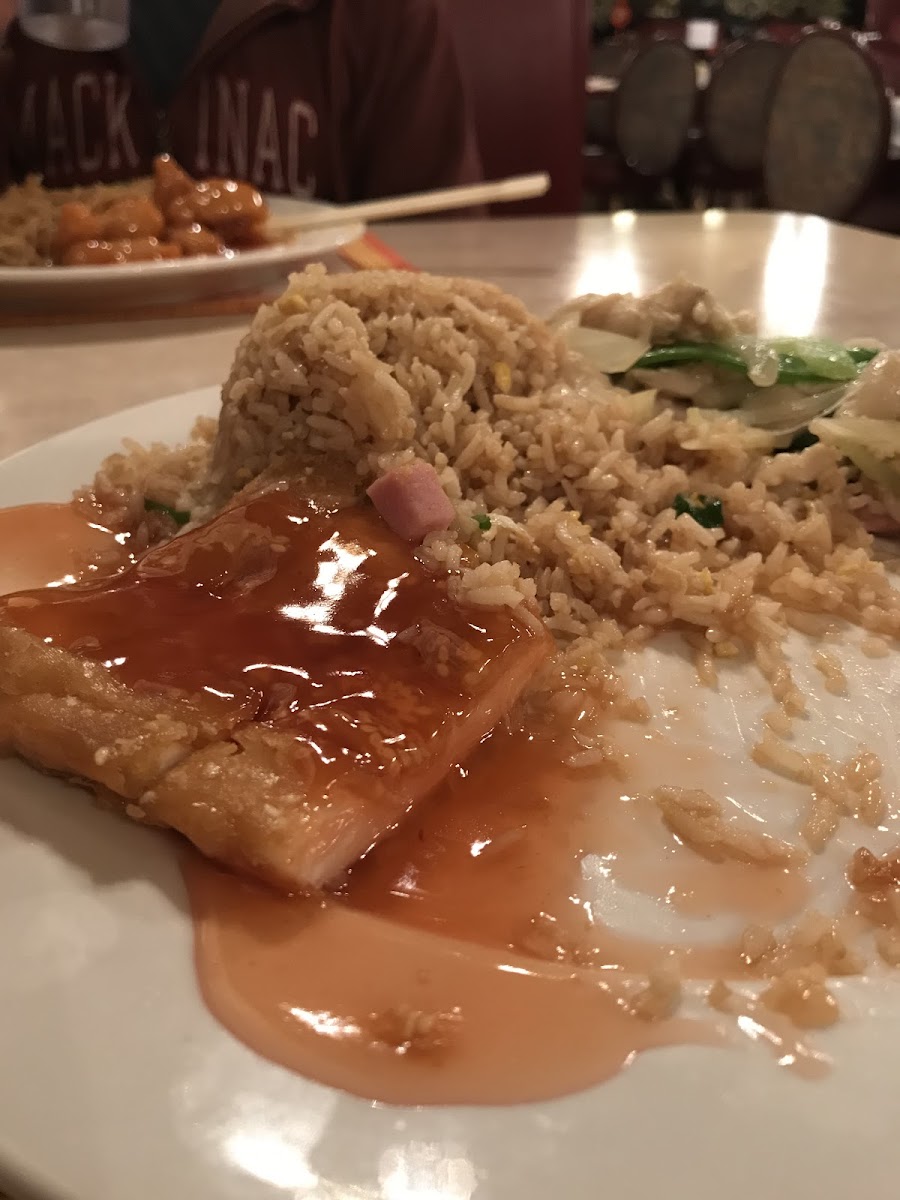 Sesame chicken and fried rice. Big portions! I ate over half before I remembered to take a pick.