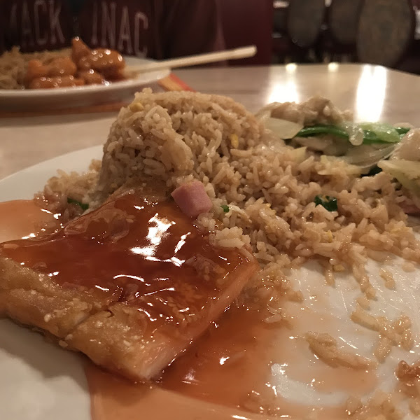 Sesame chicken and fried rice. Big portions! I ate over half before I remembered to take a pick.