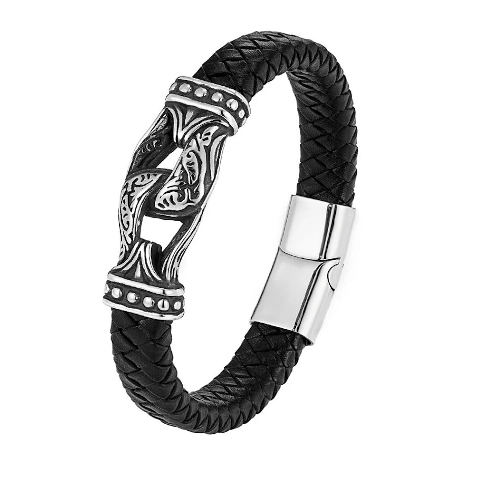 Bracelet homme tibétain en cuir véritable tressé avec étrier double en acier inoxydable bijou élégant