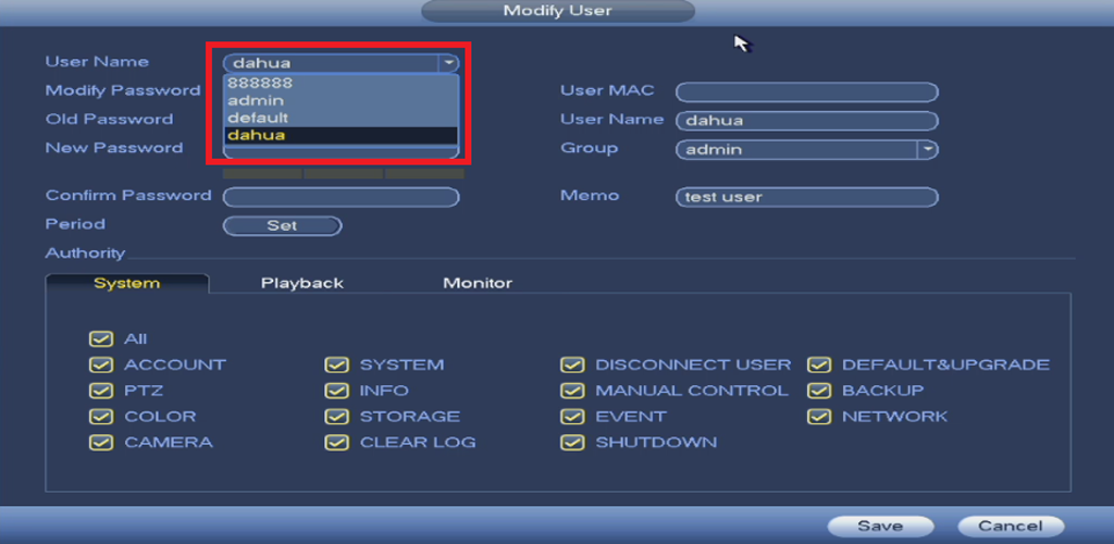 Modify user. Dahua меню регистратора. Регистратор Дахуа пароль по умолчанию. Пароль Dahua по умолчанию видеорегистратор. Стандартные пароли для видеорегистраторов Dahua.