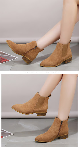 Title 3, British Solid Color Suede Pointed Square Heel M...