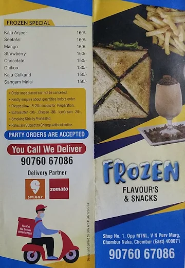 Frozen Flavour's & Snacks menu 