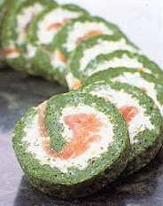 SPINACH ROULADE STUFFED WITH SUNDRIED TOMATO, OLIVE AND HERB CREAM CHEESE (V)