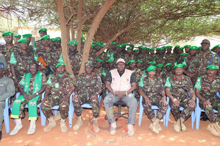 Defence CS Wamalwa with the troops in Kismayu Forward Operation Base (FOB), under the African Union Transition Mission in Somalia (ATMIS) on July 6, 2022- KDF